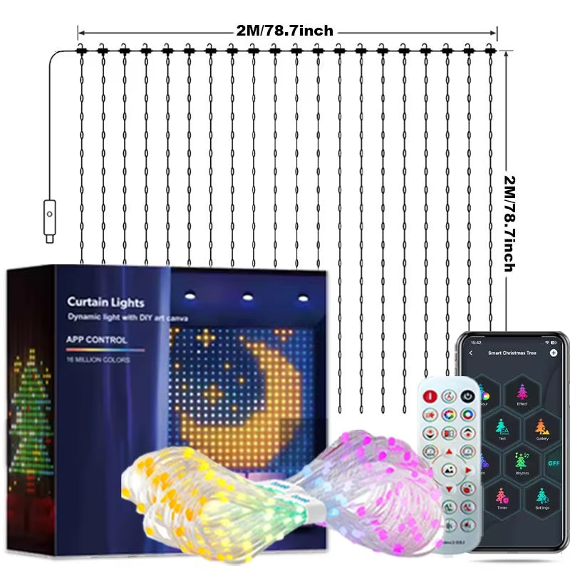 Smart LED Curtain Lights with 400 RGB+IC Color Changing LEDs, 6.6 x 6.6 Feet Indoor Dynamic DIY Pattern String Lights