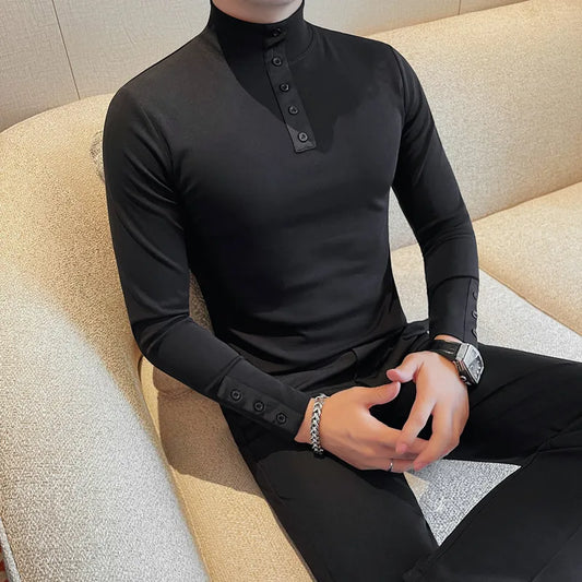 High Quality Long Sleeve T-Shirt, Men'S Autumn & Winter Half-High Collar Solid Color Top. Collar Button Polo , Business Casual