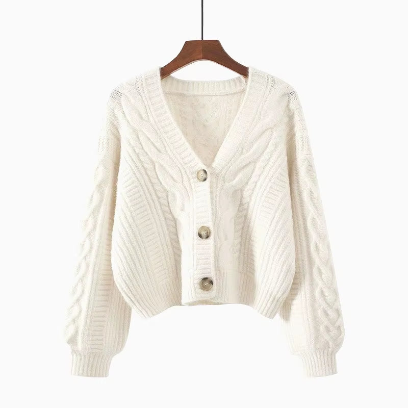Simple Loose V-Neck Retro Fried Dough Twists Casual Women'S Knitting Cardigan Autumn and Winter Korean Solid Short Sweater Coat