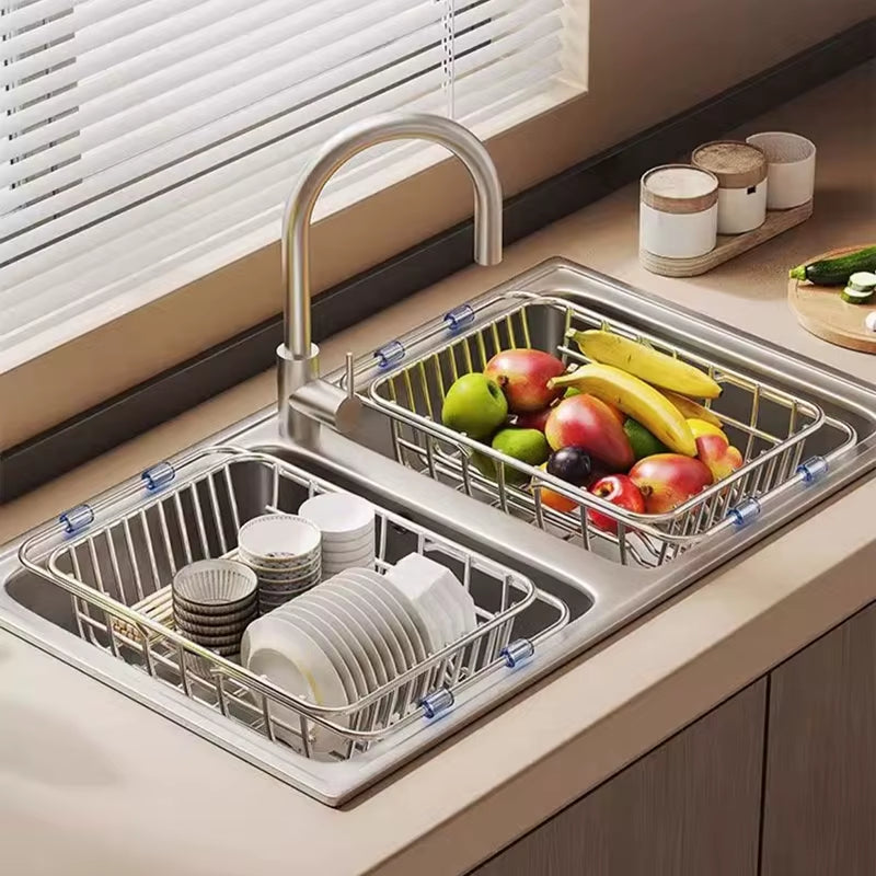 Telescopic Stainless Steel Sink Drain Basket and Dishwashing Rack for Kitchen Utensils and Dishes Storage