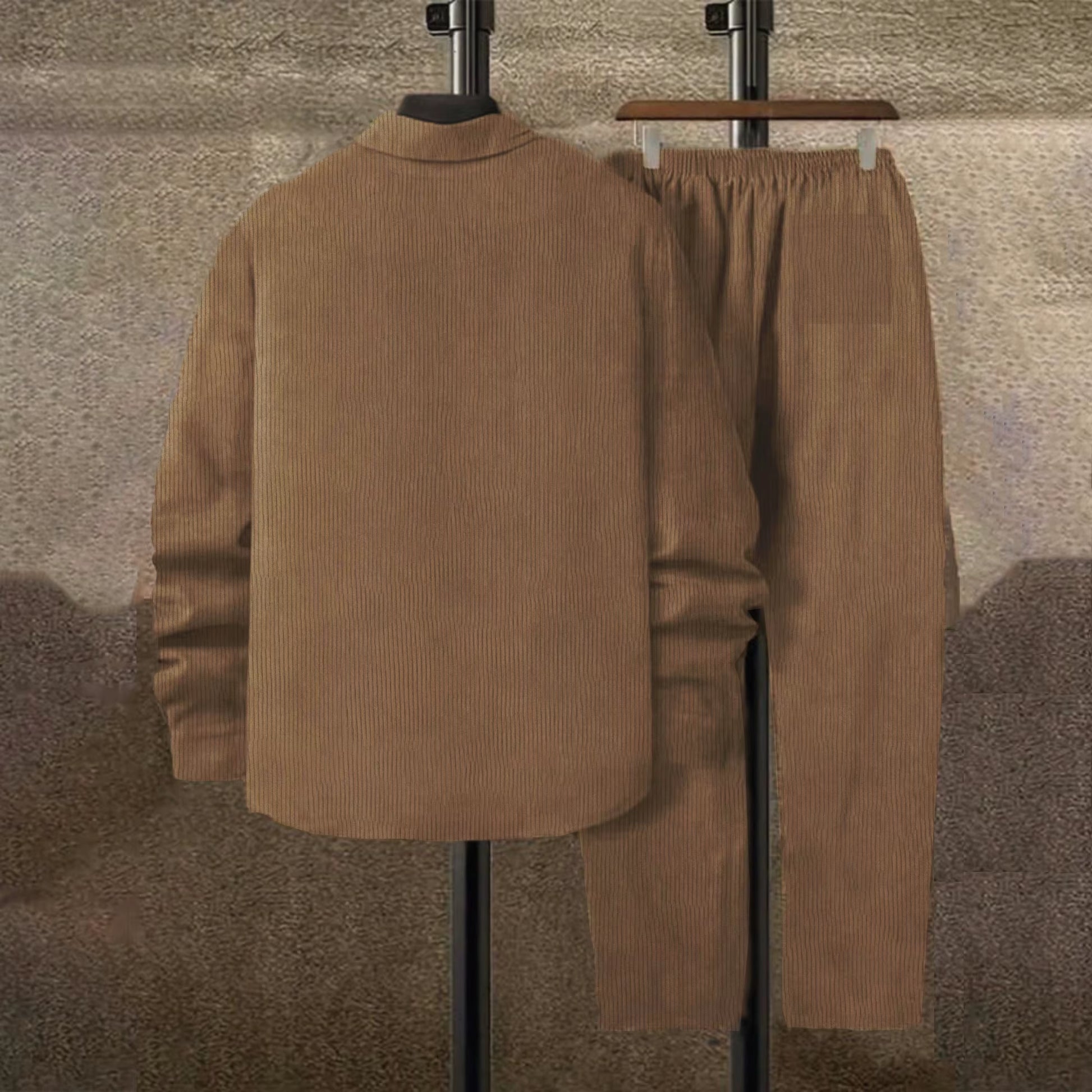 Men'S Suit Solid Color Corduroy Suit Long Sleeve Shirt and Pants Casual Suit