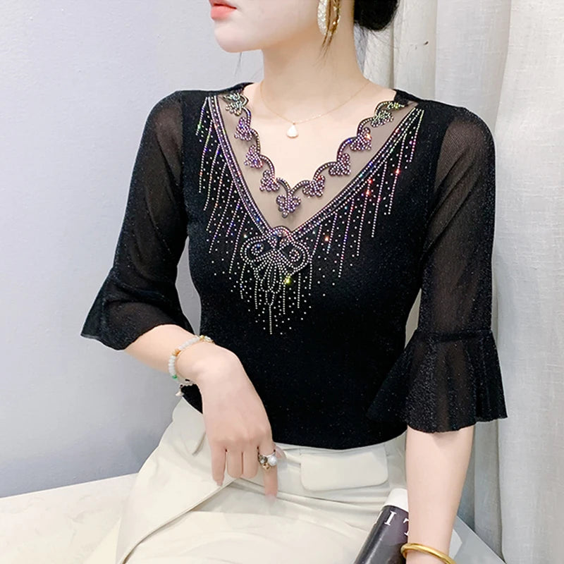 2025 Spring Summer Mesh Tops Korean Fashion Diamond T Shirt Slim 3/4 Sleeve Hollow Out Casual Women Shirt