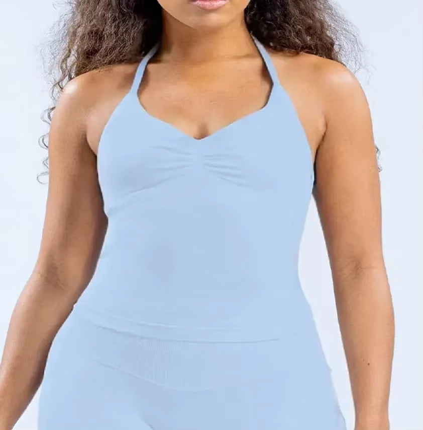 Impact Longline Strappy Top with Logo Women Seamless Yoga Tops Backless Gym Clothes Workout Sleeveless Shirts with Buit in Bra