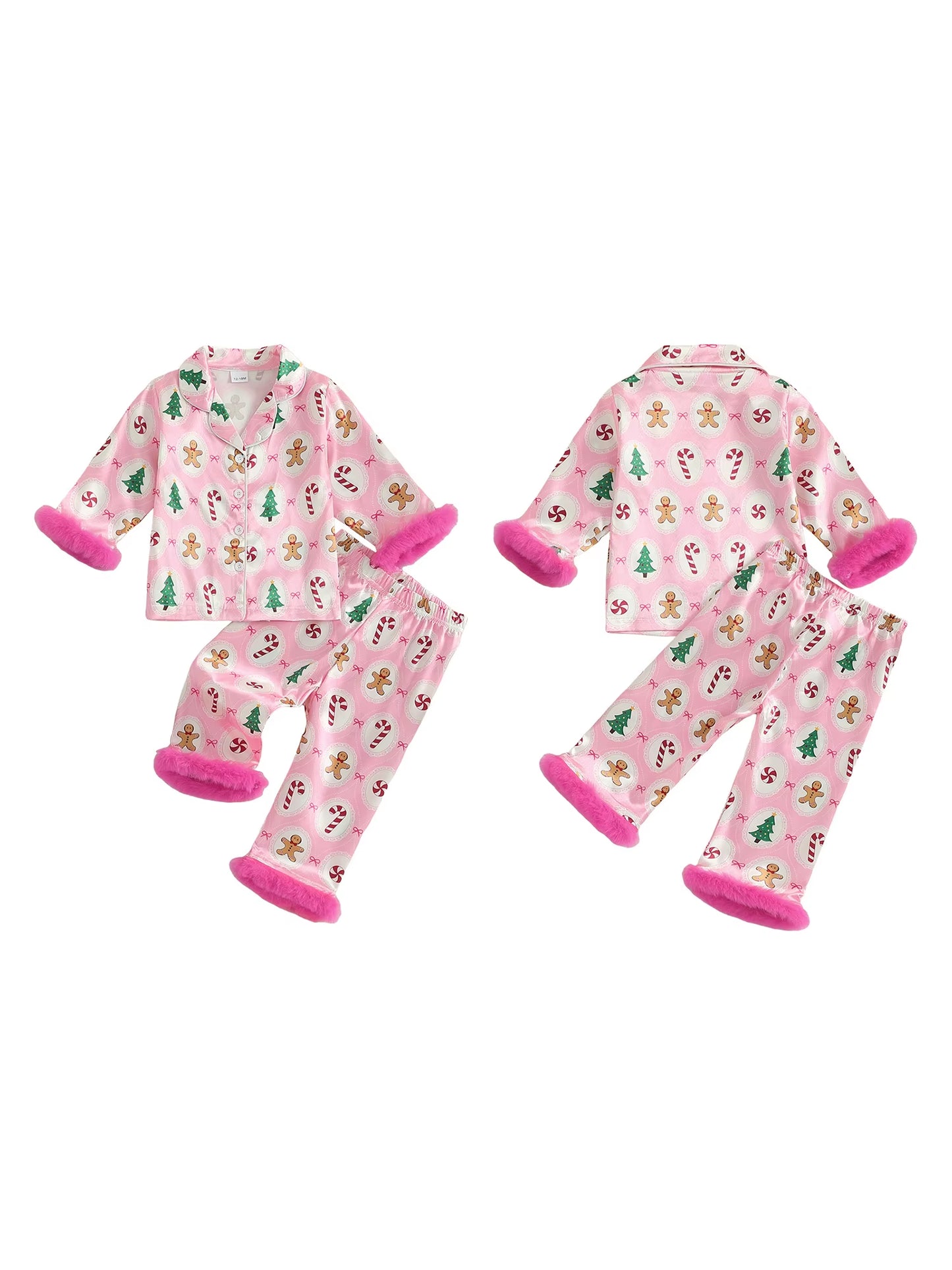 Girls Christmas Satin Pajama Set with Reindeer Print Lapel Long Sleeve Button down Top and Matching Pants Sleepwear