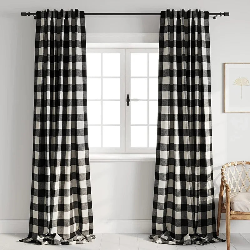 Black White Gingham Curtains Panels for Living Room Plaid Drape Kitchen Bedroom Rod Pocket Blackout Checkered Top Window Curtain