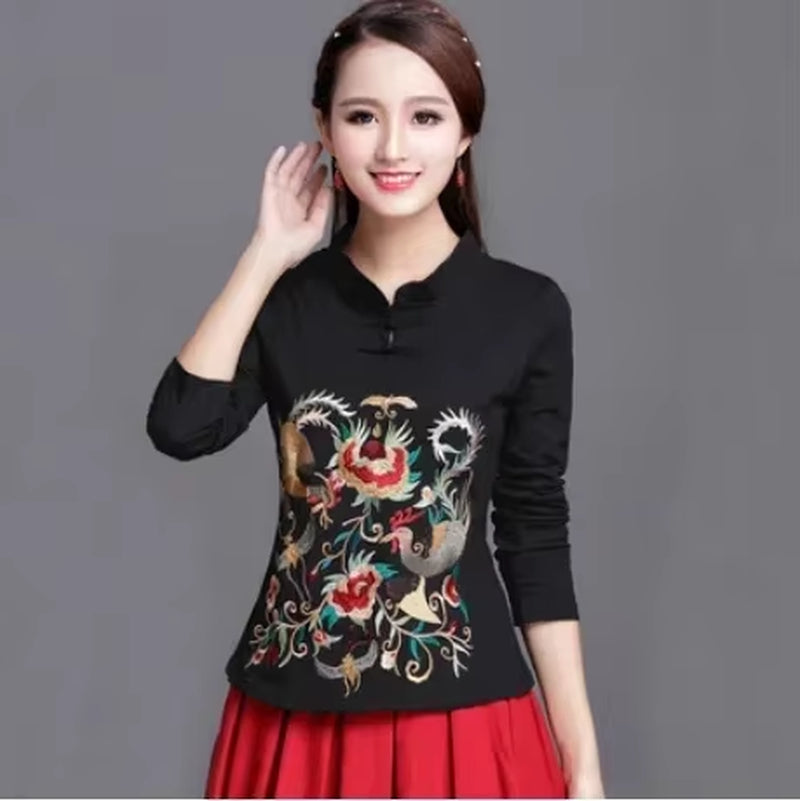 Ethnic Style Streetwear Fashion Casual Women Clothing Shirts for Women Vintage Clothes Tshirt Y2K Top Women Clothes Embroidery