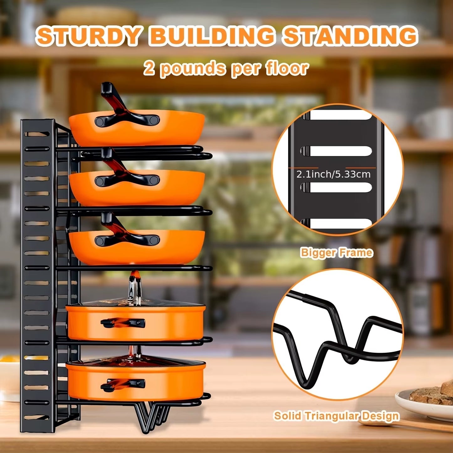 8-Tier Duty Pot Rack Organizer Durable Metal,Space-Saving Cabinet Holder for Pots,Pans and Lids-Keep Your Kitchen Neat and Tidy