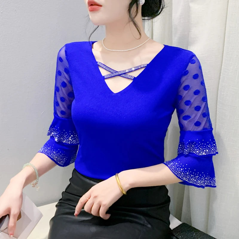 2025 Spring Summer Mesh Tops Korean Fashion Diamond T Shirt Slim 3/4 Sleeve Hollow Out Casual Women Shirt