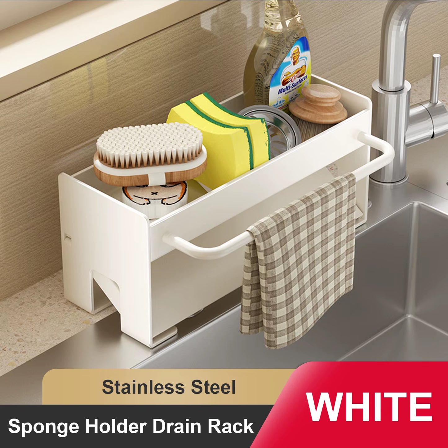 Space Aluminum Kitchen Sponge Holder and Sink Drain Rack - Soap Drainer and Towel Shelf Organizer for Bathroom Storage
