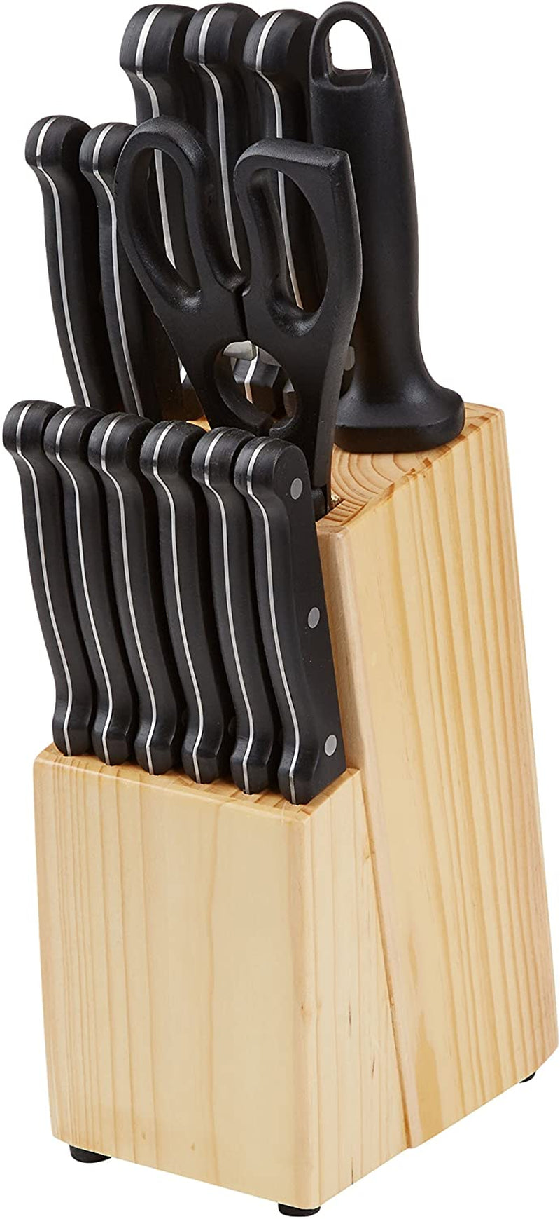 14-Piece High Carbon Stainless Steel Kitchen Knife Set with Sharpener and Pinewood Block, Black