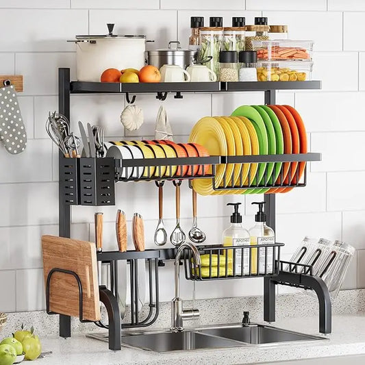 3-Tier Over-Sink Dish Drying Rack Adjustable 25.19-37.4 Inches with Storage Baskets Space-Saving Counter Organizer Height 30.9