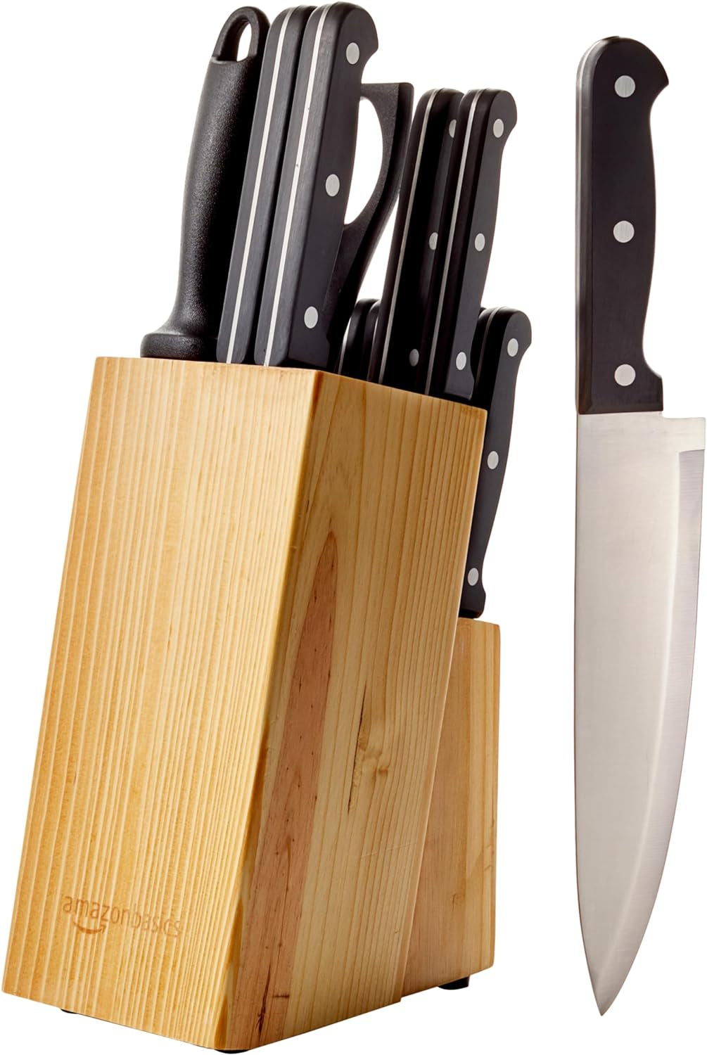 14-Piece High Carbon Stainless Steel Kitchen Knife Set with Sharpener and Pinewood Block, Black