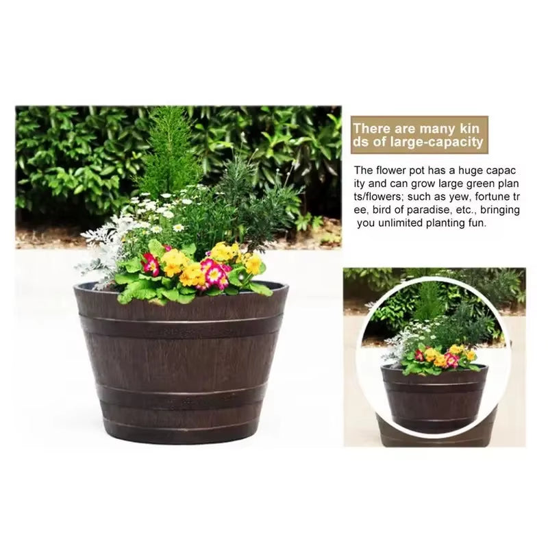 Vintage Farmhouse-Style 9-Inch Resin Barrel Planter for Home and Outdoor Use