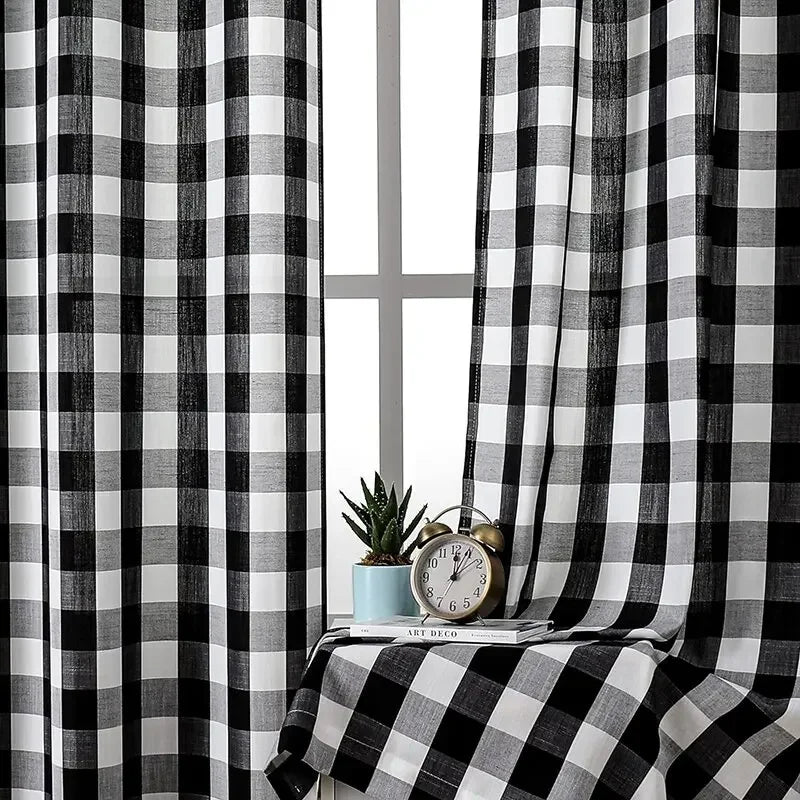 Black White Gingham Curtains Panels for Living Room Plaid Drape Kitchen Bedroom Rod Pocket Blackout Checkered Top Window Curtain