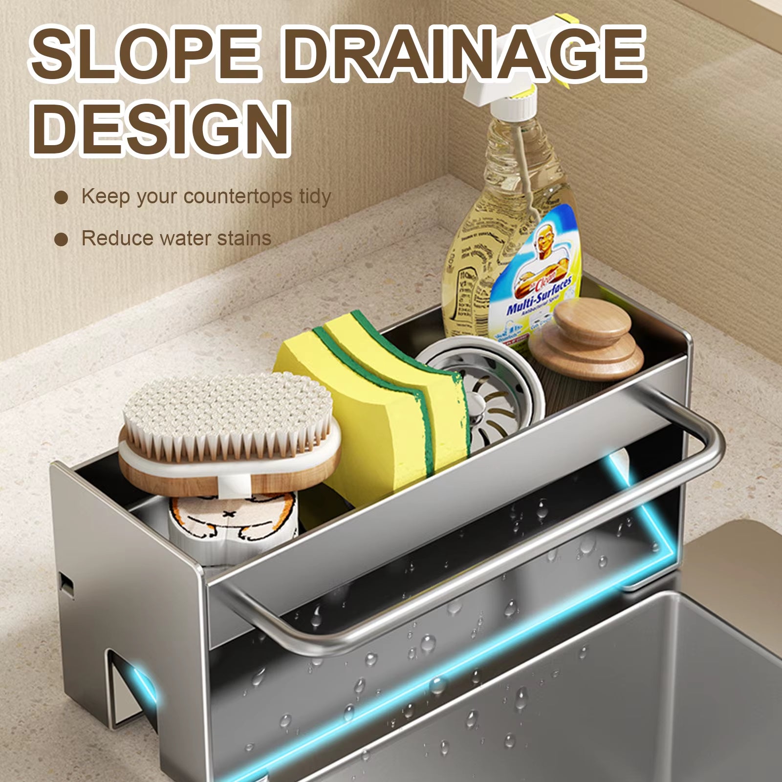 Space Aluminum Kitchen Sponge Holder and Sink Drain Rack - Soap Drainer and Towel Shelf Organizer for Bathroom Storage