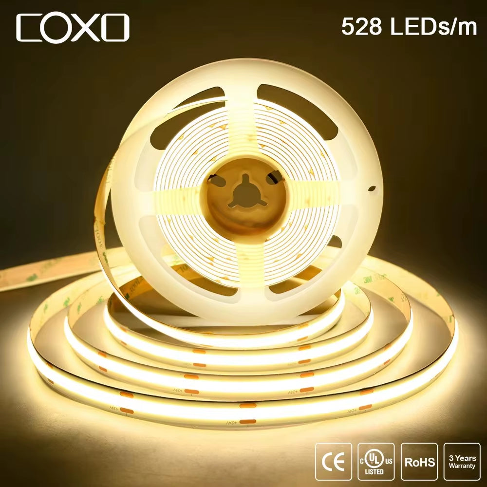 Linear Dimmable COB LED Strip Light - 24V/12V, 10mm, 528 LEDs, Flexible Tape for Room Decoration, Available in 3000K, 4000K, and 6500K Lighting Options, RA90