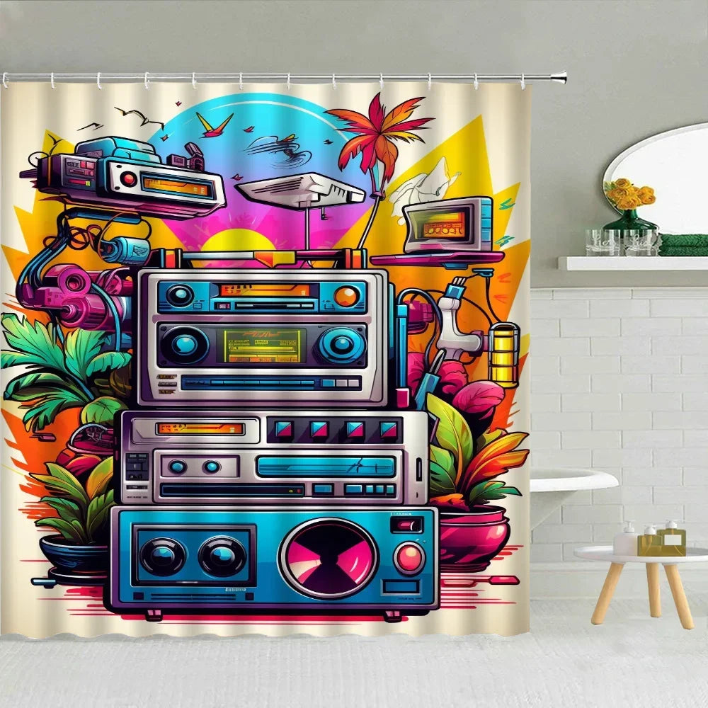 80S Vintage Radio Bathroom Curtains for the Home Shower Shower Curtain Waterproof Folding Partition Accessories Bath Bedrooms