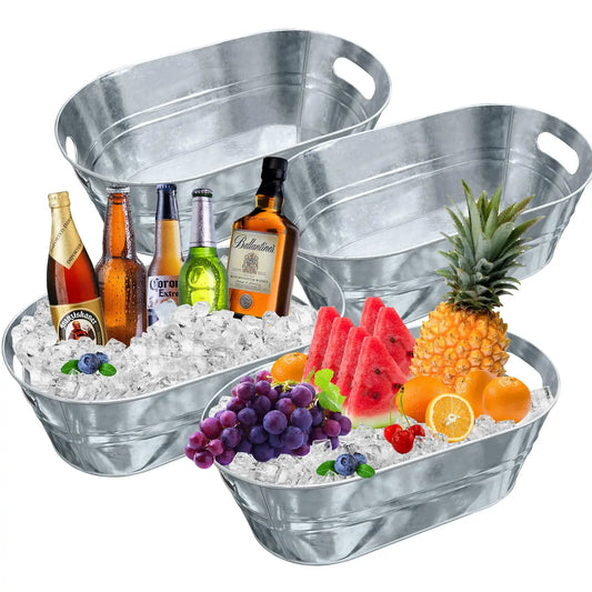 4Pcs/Set Oval Galvanized Beverage Tub Chill Drink Beer Bucket Drink Cooler Ice Bucket for Home Parties Mulcifunction Use