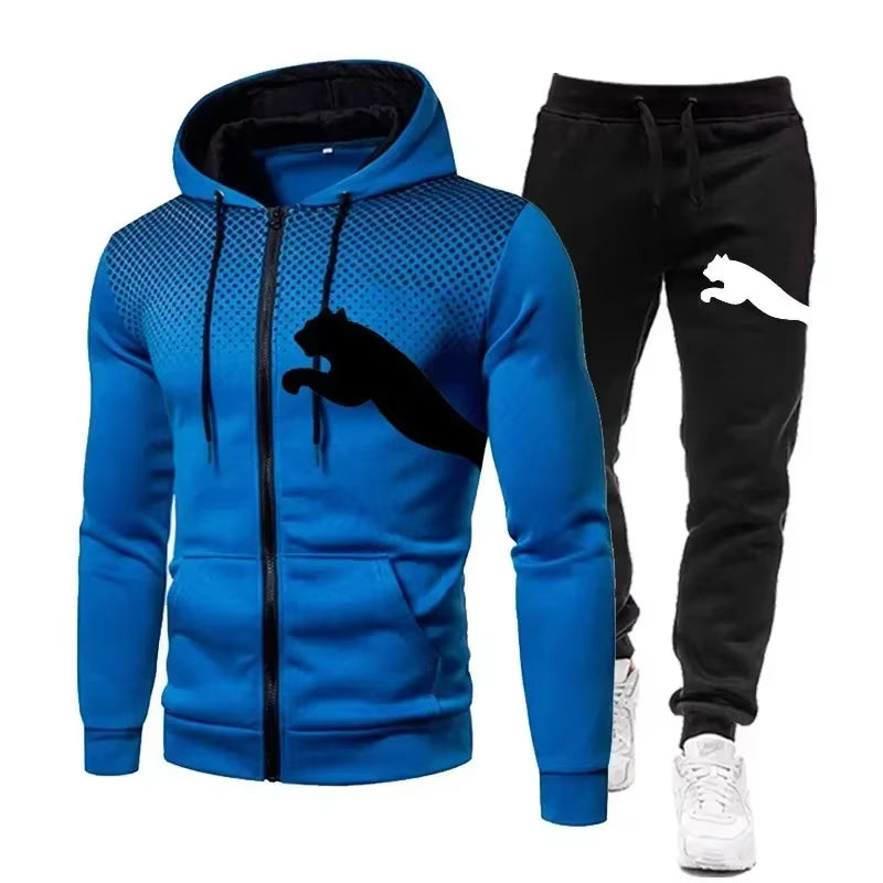New Two-Piece Set of Zippered Hooded Sweatshirts and Sweatpants for Fashionable Men, Casual Outdoor Sports Men in Autumn