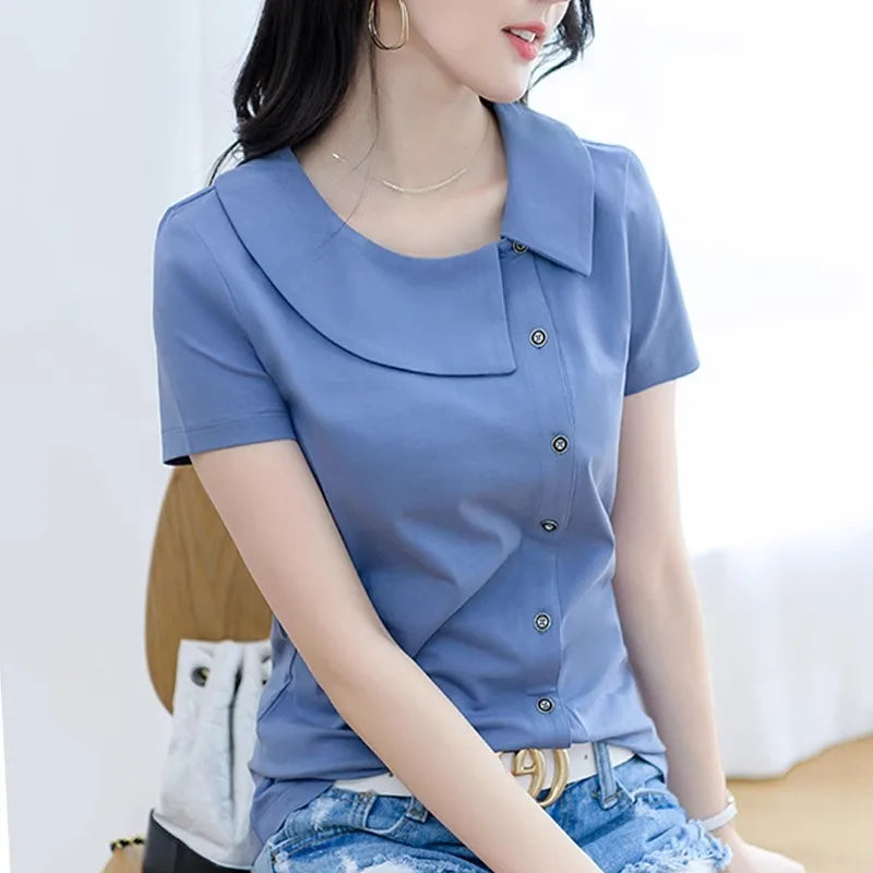 Korean Version Blue Pure Cotton Short Sleeved T-Shirt Women'S Summer New Polo Shirt Loose Half Sleeved Shirt Slim Fit Lapel Top