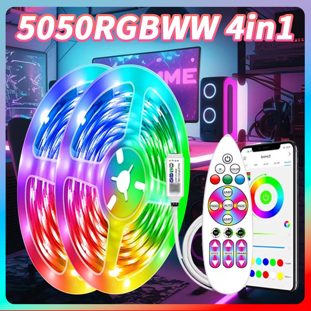 RGBWW 4-in-1 LED Light Strip with App Control and USB Power Supply for Flexible Room and Party Decoration