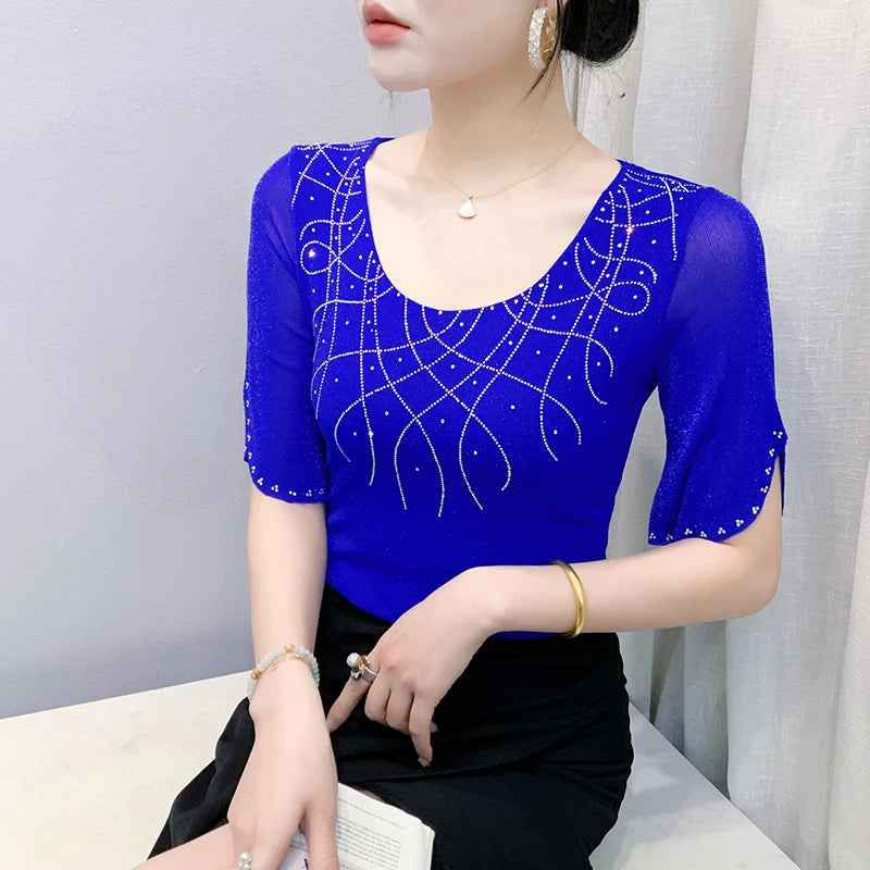 2025 Spring Summer Mesh Tops Korean Fashion Diamond T Shirt Slim 3/4 Sleeve Hollow Out Casual Women Shirt