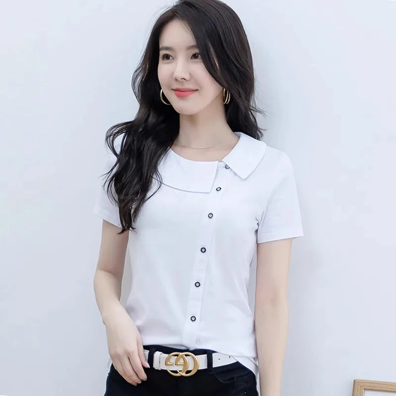 Korean Version Blue Pure Cotton Short Sleeved T-Shirt Women'S Summer New Polo Shirt Loose Half Sleeved Shirt Slim Fit Lapel Top