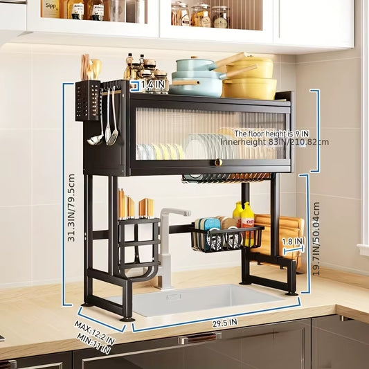 Multifunctional Black Metal Kitchen Storage Rack with Cabinet Door Access