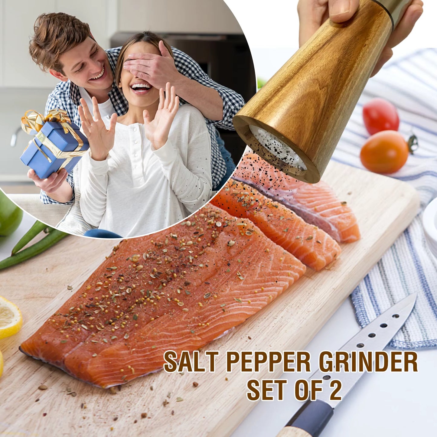 Leeseph Adjustable Salt and Pepper Grinder Set with Wooden Base - Perfect for Home Kitchen and Dining Table, Ideal Gift Option