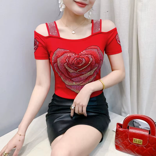 New Arrival Summer European Clothes Women'S T-Shirts Chic Luxury Butterfly Hot Diamonds Tees Sexy Girl Slim Streetwear Tops