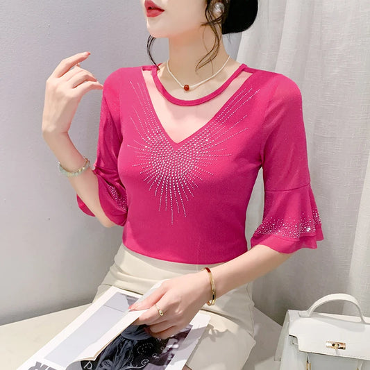 2025 Spring Summer Mesh Tops Korean Fashion Diamond T Shirt Slim 3/4 Sleeve Hollow Out Casual Women Shirt