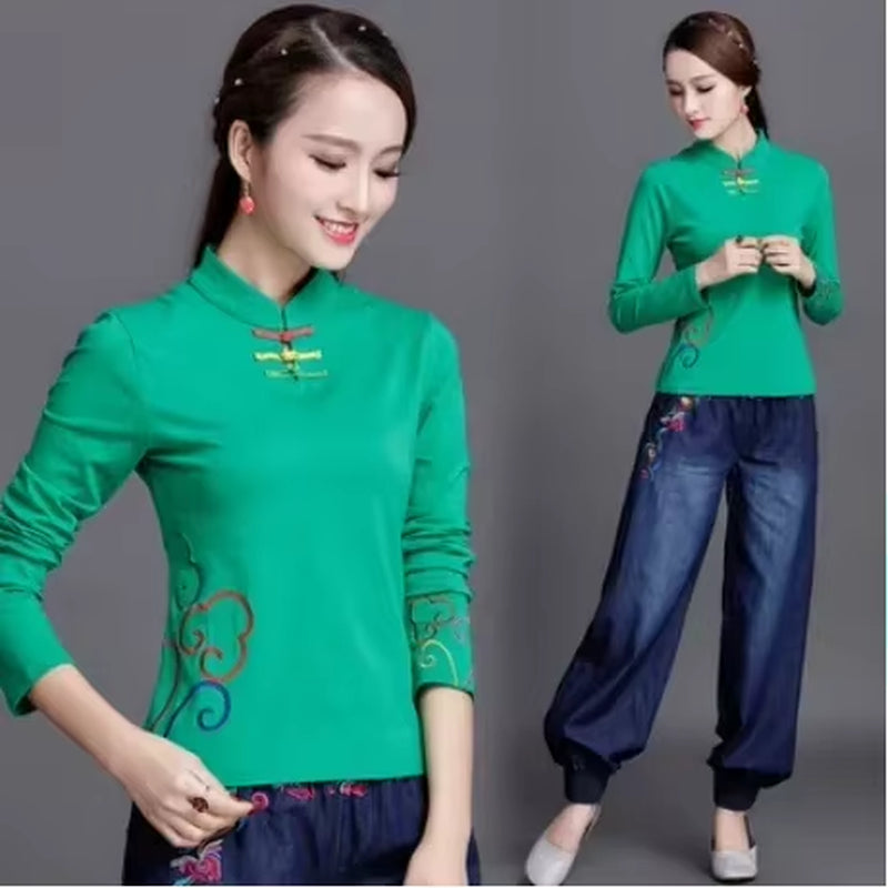 Ethnic Style Streetwear Fashion Casual Women Clothing Shirts for Women Vintage Clothes Tshirt Y2K Top Women Clothes Embroidery