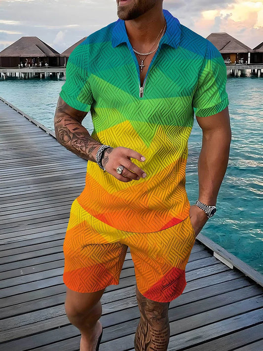 Summer Colorful Patch Men'S Two Piece Sets Daily Casual Outdoor Travel Polo Shirt Shorts Suit Oversize Lapel Zipper Male Clothes