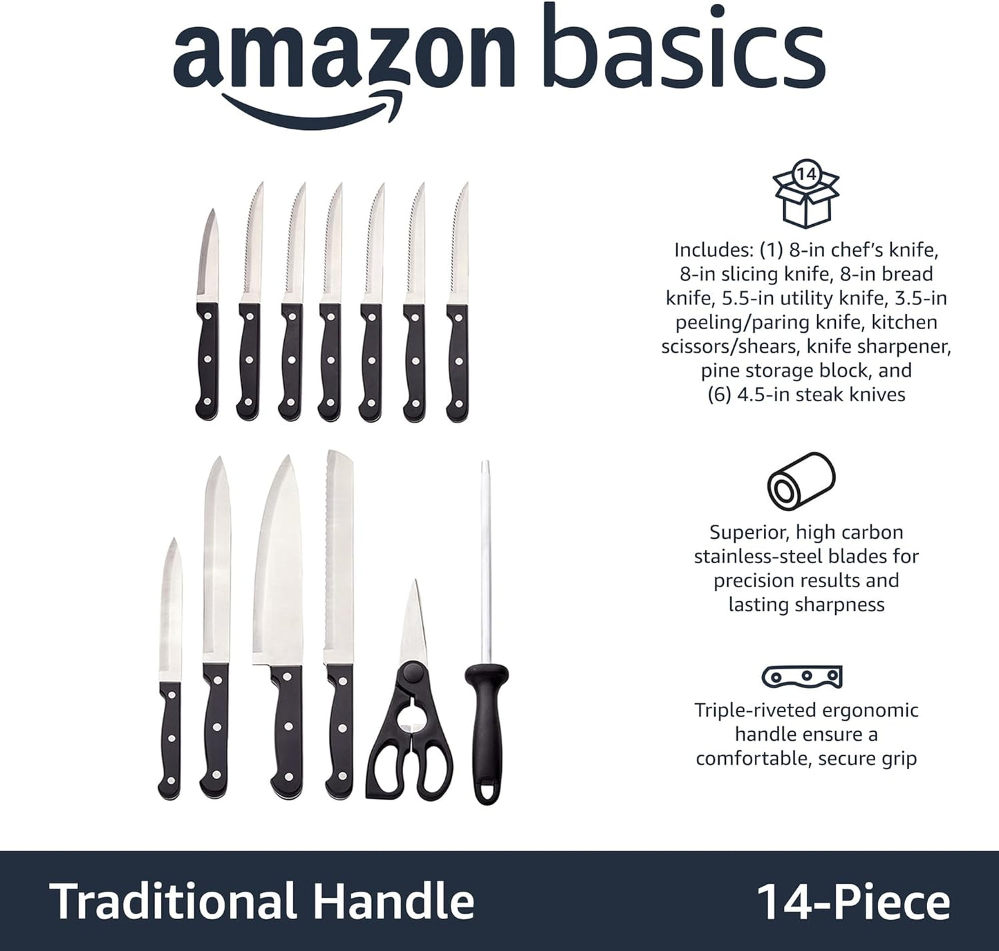 14-Piece High Carbon Stainless Steel Kitchen Knife Set with Sharpener and Pinewood Block, Black