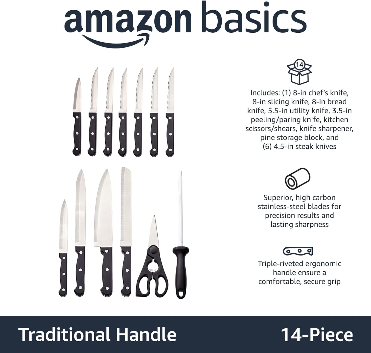 14-Piece High Carbon Stainless Steel Kitchen Knife Set with Sharpener and Pinewood Block, Black