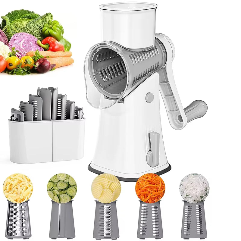 5-in-1 Rotary Cheese Grater and Vegetable Slicer with Mandoline, Julienne, Waffle Cutter, and Nut Chopper - Model JT247