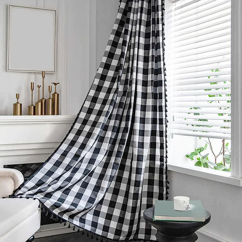 Black White Gingham Curtains Panels for Living Room Plaid Drape Kitchen Bedroom Rod Pocket Blackout Checkered Top Window Curtain