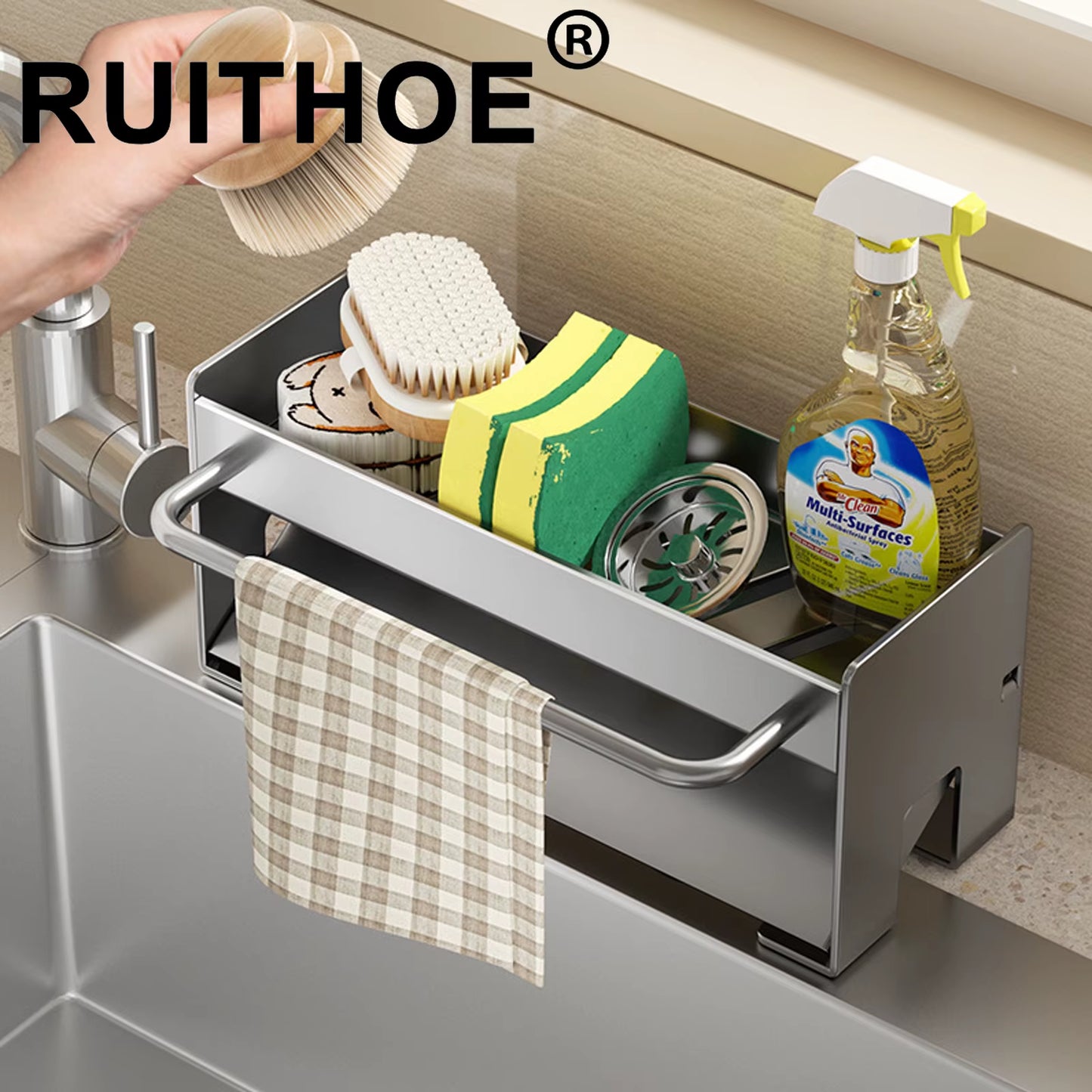Space Aluminum Kitchen Sponge Holder and Sink Drain Rack - Soap Drainer and Towel Shelf Organizer for Bathroom Storage