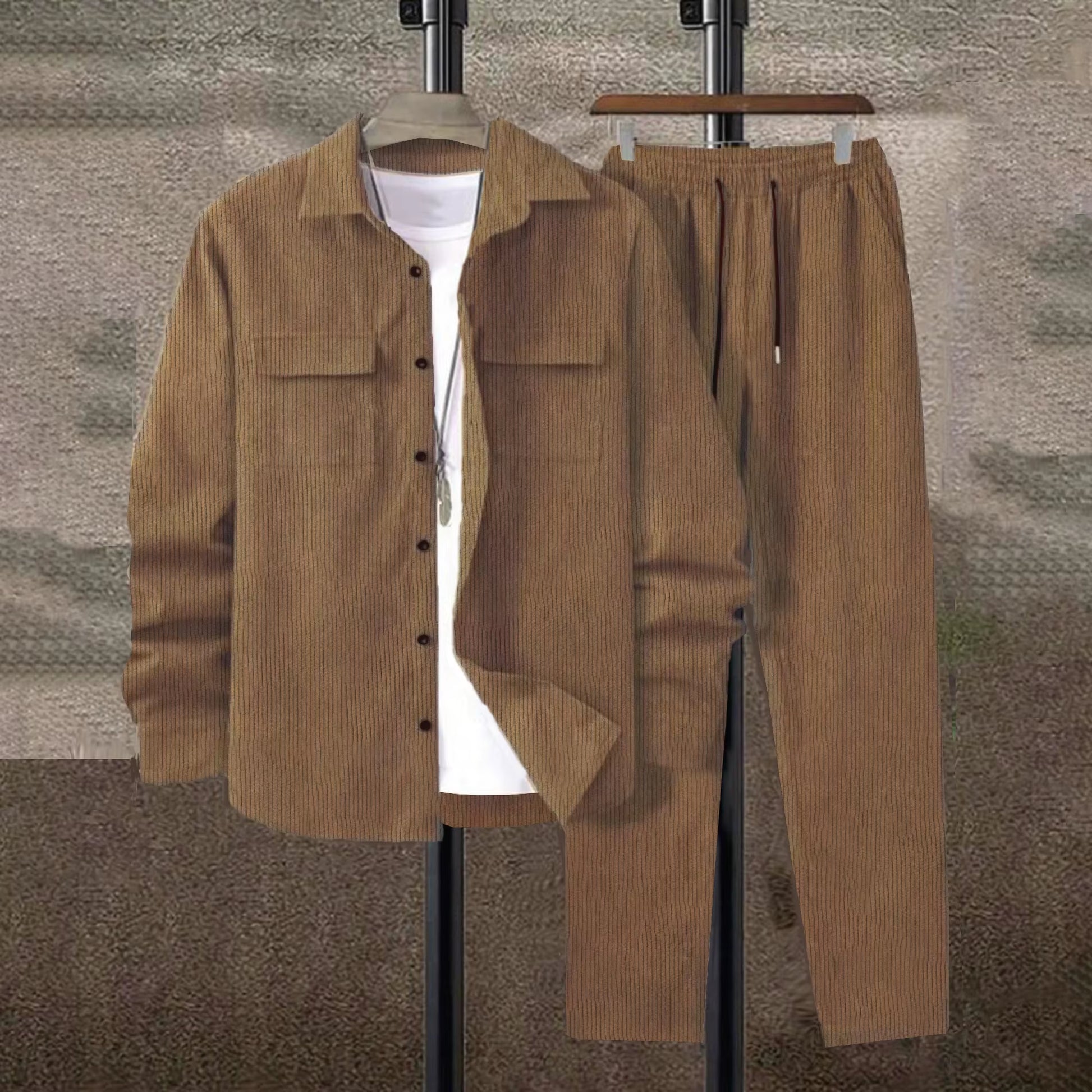 Men'S Suit Solid Color Corduroy Suit Long Sleeve Shirt and Pants Casual Suit